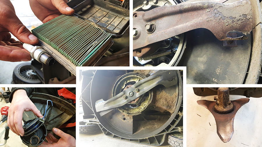 Wymiana oryginalnych części w kosiarce podczas przeglądu technicznego