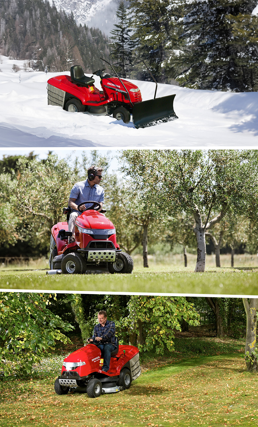 Traktorek ogrodowy Honda HF pracujący w ogrodzie przez cztery pory roku